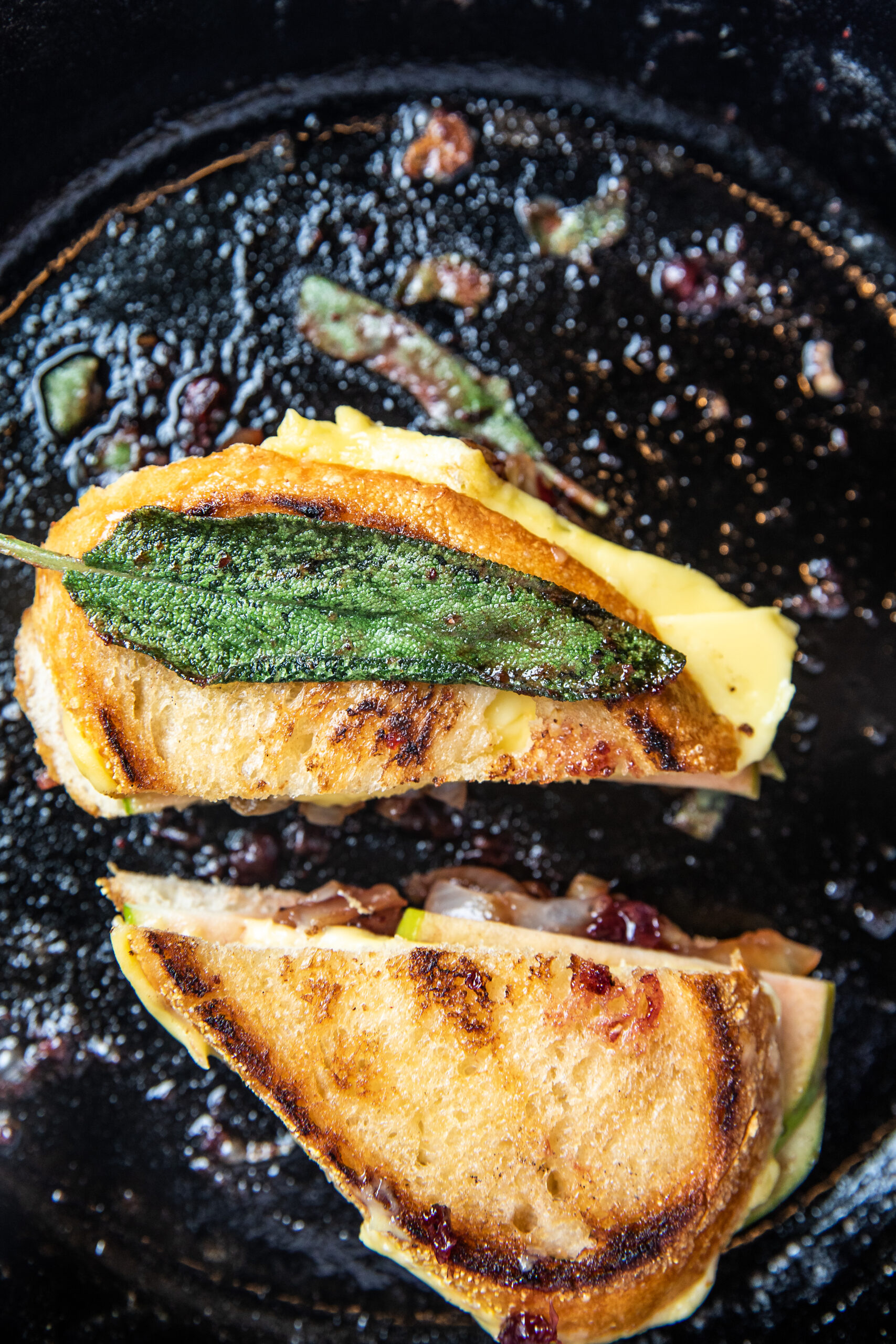 caramelized onion and apple jam grilled cheese with crispy sage